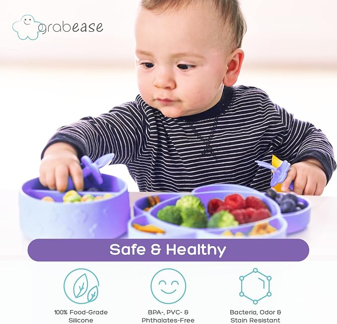Grabease Silicone Portion Control Plate - No-Mess Baby Suction Dinner Set - Baby-Led Weaning Supplies & Silicone Feeding Set - Sectioned Plate & Toddler Dinnerware - Lavender, 4-Piece Kit
