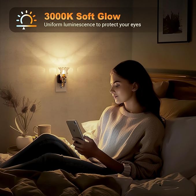 JandCase Night Light, Floral Night Lights Plug into Wall, Glass Flower LED Nightlight, 0-100 LM Dimmable Nightlights with Light Sensor, 1W Vintage Nite Light for Bathroom Hallway Gift Vanity Decor