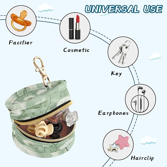 Dreamy Green Dandelions Pacifier Holder with Clip Pacifier Case for Diaper Bag Round Baby Pacifier Pouch Box Bag Portable for Boys Girls Nursery