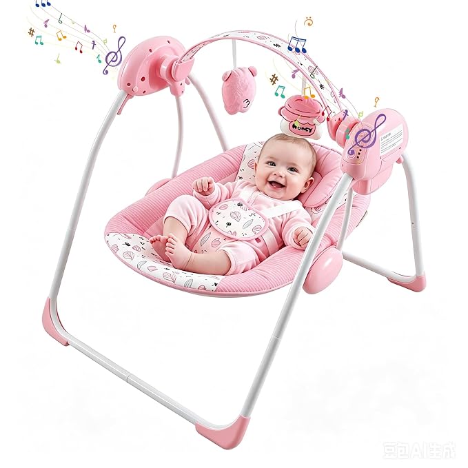 Baby Swing for Infants, Compact Foldable with 5 Speeds, Music & Soothing Vibration, Cute Floral Pattern Soft Cushion Seat,Timer & Removable Bar, Indoor Use, 0-9 Months (6-20 lbs) Pink