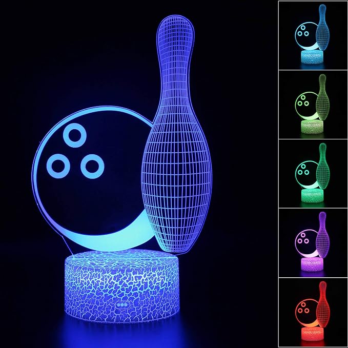 3D Illusion Bowling Night Light Teenager Christmas Gifts Xmas Gift Lamp 16 Color Change Touch White Crack Base Birthday Present with Remote Control Boys Girls