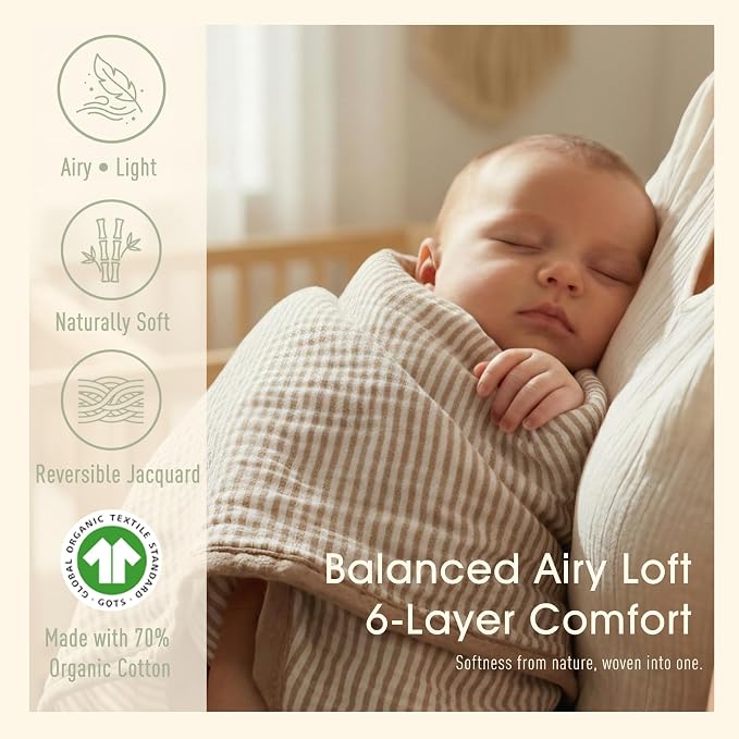 Ultra Soft Muslin Baby Blanket - Made with Organic Cotton, Gender Neutral Warm Coffee Striped Jacquard, Swaddle & Crib Quilt, 43x43 Inches (Horizon Dune)