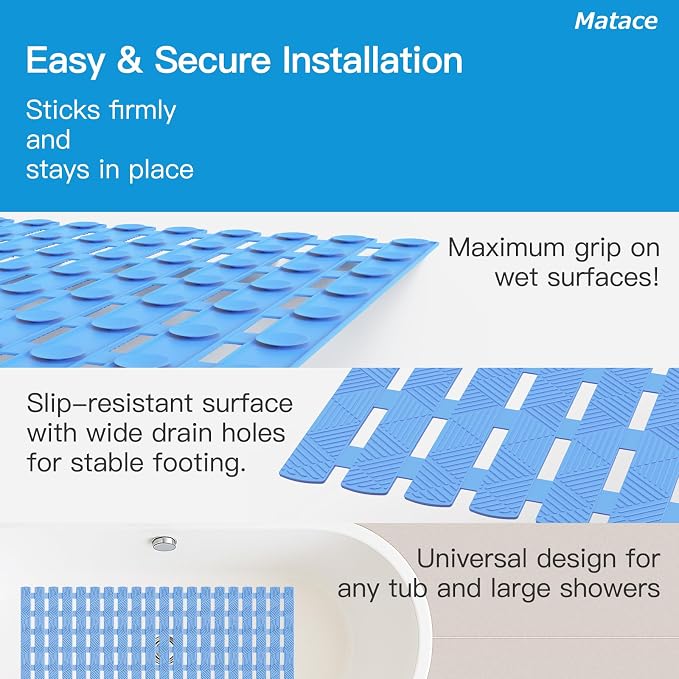 Bathtub Mat Non Slip - for Inside Bath Tub & Shower, Large 40x16 Inch, 261 Strong Suction Cups, Soft Textured Surface, Fast Drain & Quick Dry, Bathroom Safety Mat, Pastel Blue, Matace