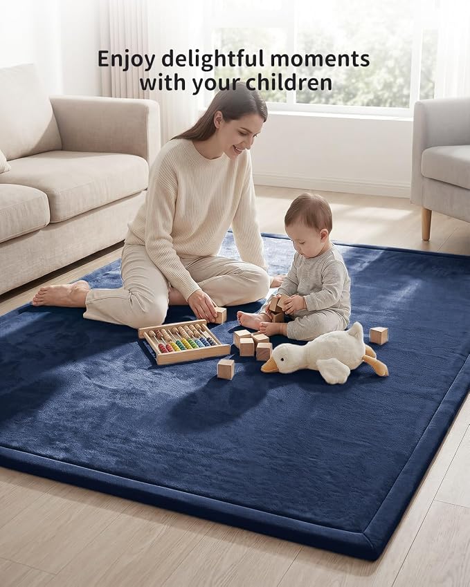 Goyuu Ultra Soft 1.3" Thick Baby Play Mat for Floor, 79x118 Playpen Mat Elasti-Foam Padded Crawling Mat for Babies, Toddlers, Infant, Kids, Non-Slip Backing Safe for Tummy Time, Dark Blue