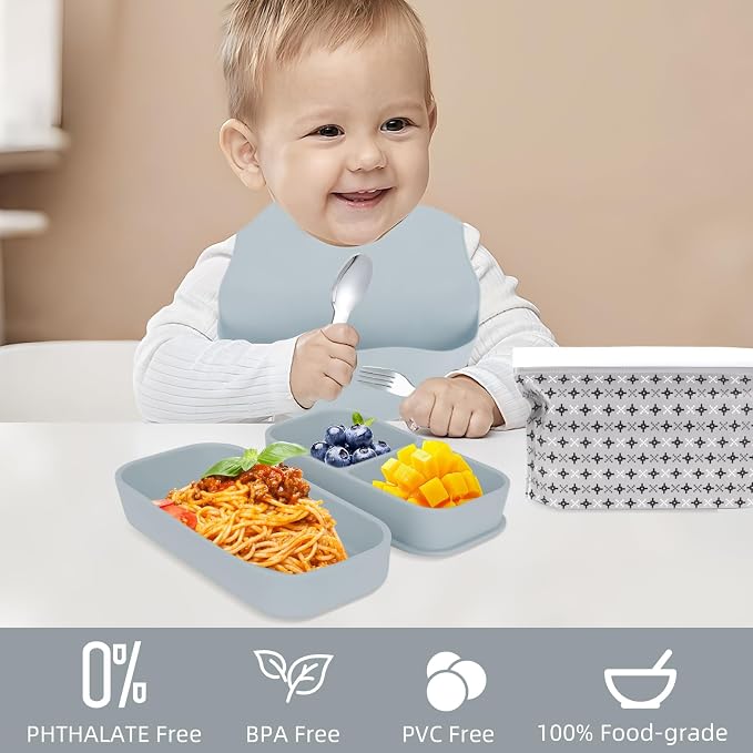 Travel Silicone Baby Feeding Set with 316 Stainless Steel Spoon & Fork ,Silicone Suction Plates, Foldable Bib, Storage Bag - Portable Infant Toddler Utensils, 6-Piece BPA-Free Dishware Kit（gray）