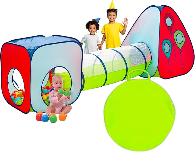 Kiddey Tunnel and Ball Pit Play Tent | 3pc Pop Up Toddler Gym Tunnels with Tents for Kids, Toddlers, Infants Boys & Girls | Indoor & Outdoor Gift Game | Baby Crawling Pits for Playground
