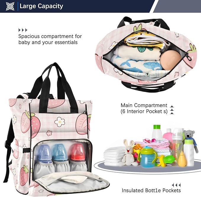 Personalized Sliced Strawberry Pink Plaid Diaper Bag Travel Large Cap Mom Dad
