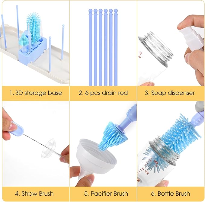 Travel Baby Bottle Cleaner Kitï¼?-in-1 Baby Bottle Brush Set for Travel and Home, All-in-One Baby Bottle Washing Kit: Integrated Cleaning & Drying System for Bottles and Breast Pump Parts (Blue)