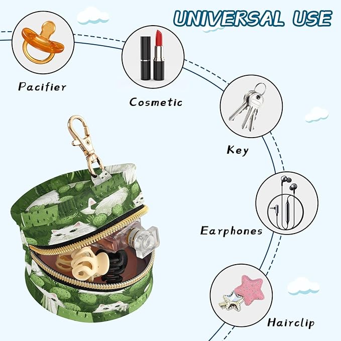 Pacifier Holder with Clip Pacifier Case for Diaper Bag Round Baby Pacifier Pouch Box Bag Portable Green Cat and Cactus
