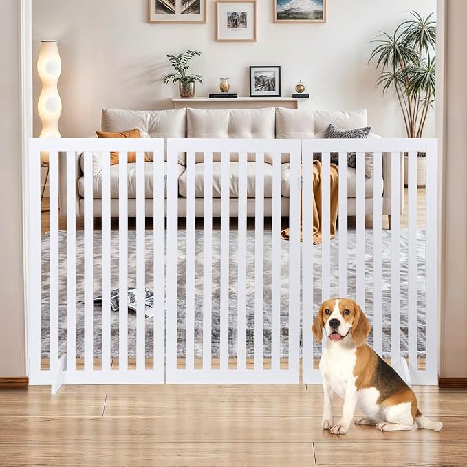 Nouva 36" H Pet Gate, 3 Panels Indoor Foldable Dog Fence, Dog Gate for Stairs Doorways, Hardwood Pet Gate, Freestanding Pet Fence, White