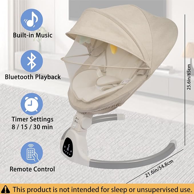 JFOVMCYG Electric Baby Swing for Infants 0-9 Months, Portable Infant Swing with 5 Swing Speeds, Bluetooth Audio, Remote Control, Washable Seat Cover, Lvory White, Up to 20 lbs