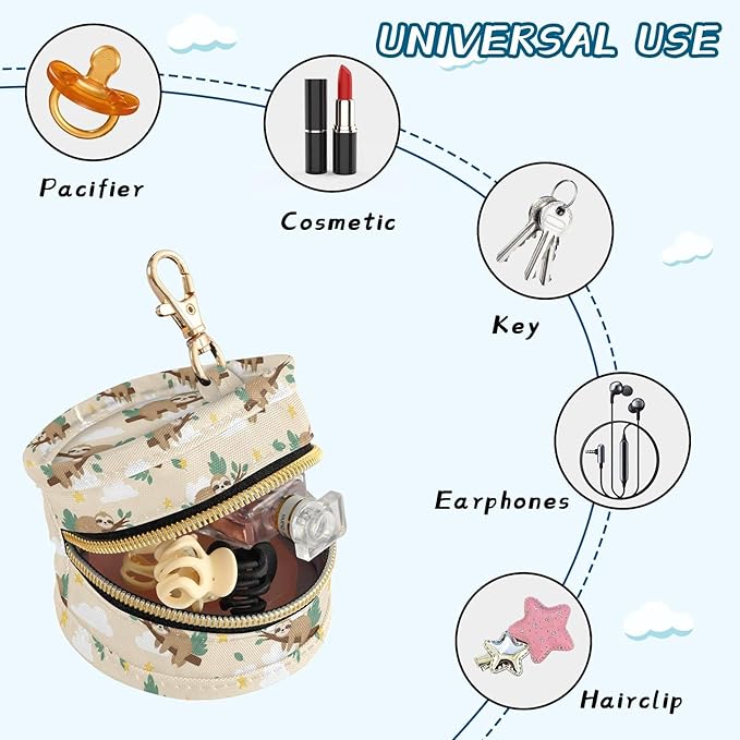 Sloth Leaves Clouds Beige Print Pacifier Holder Case for Diaper Bag Portable Travel Pacifier Storage Case with Clip Pacifier Storage Container for Outdoor Purse Baby Girls Boys