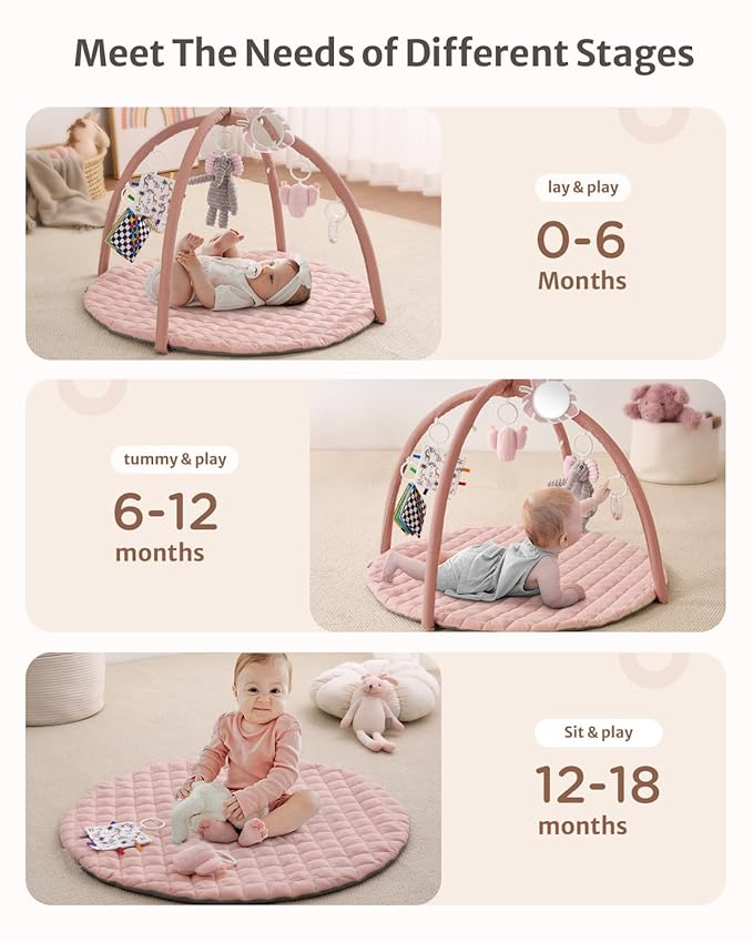 Blissful Diary Baby Play Gym Mat, Tummy Time Activity Mat with 6 Detachable Toys for Skill Development, Baby Essentials Gift, Soft Pink