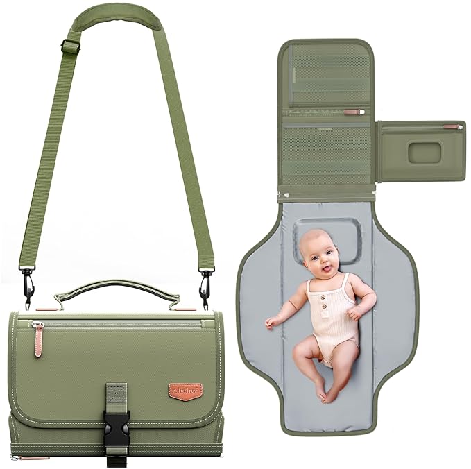 Portable Diaper Changing Pad with Shoulder Strap, Detachable Travel Changing Pad with Baby Wipes Pocket, Gifts for Baby Shower, Newborn Girls and Boys (Army Green)
