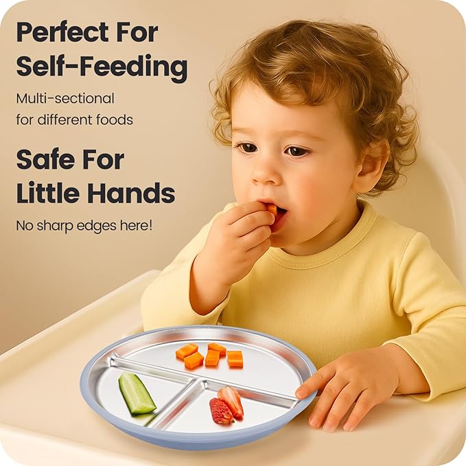MIMORE Stainless Steel Toddler Plate - 2 Pack 9.25" Stainless Steel Baby Plates with Suction - Non Toxic & BPA Free (Navy Blue & Teal)