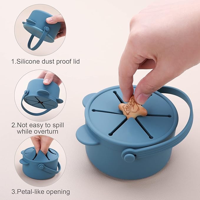 Snack Cups for Toddlers, Baby Snack Containers, Silicone Toddler Snack Cups No Spill, Food Catcher with Lid & Bucket-like Handle, BPA Free & Dishwasher Safe, 9 Ounce Colonial Blue