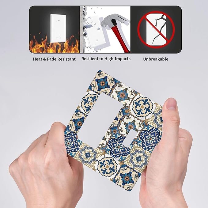 Boho Talavera Decorative Tile Moroccan Mandala Print Outlet Covers 1 Toggle 1 Rocker Combination Decorative Wall Plate Electrical Switch Plates Light Switch Cover Plate for Bathroom Kitchen Decor