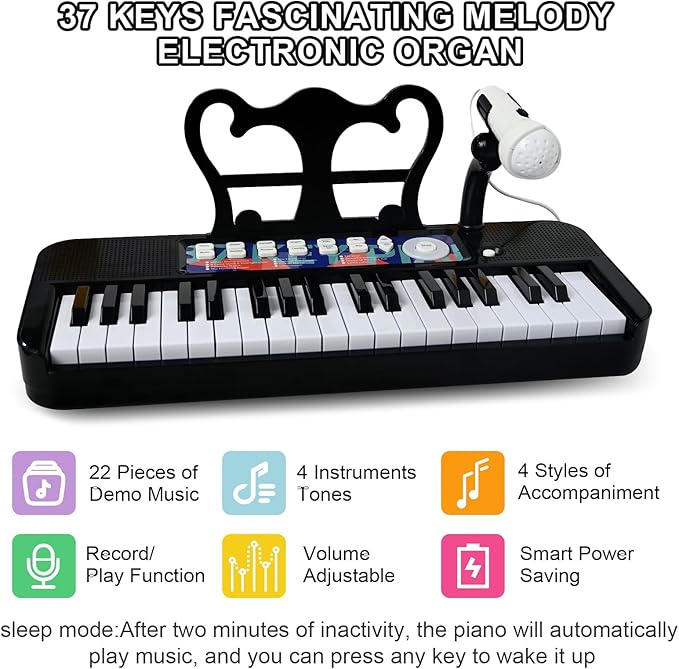 Love&Mini Piano Toy for Kids - 37 Keys Piano Keyboard Toy with Stool and Microphone, Black Electronic Musical Instrument Birthday Gift for Kids 3 4 5 6 7 8 Years Old Boys and Girls