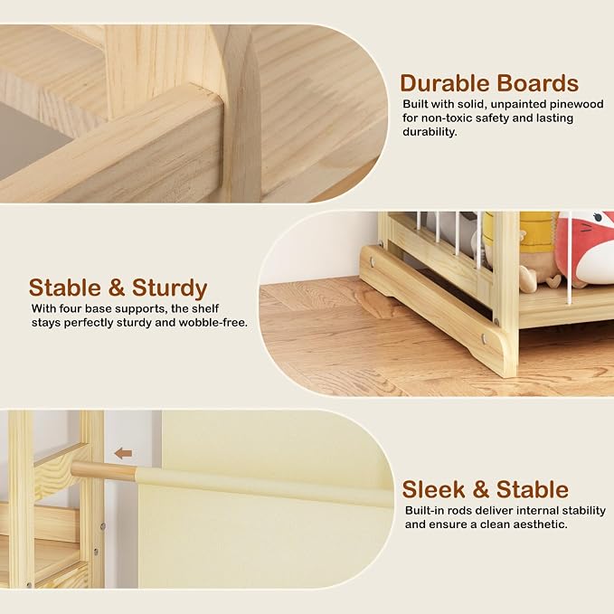 Kids Bookshelf and Toy Storage Organizer, 3-Tier Book Shelf with Stuffed Animal Storage, Kids Toy Book Storage for Bedroom Playroom, Wooden Toy Organizer with 3 Shelves, 49.4" W