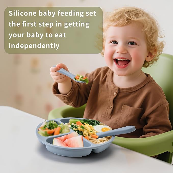 Silicone Baby Feeding Set, Includes Baby Spoons, Toddler Plates and Baby Fork, Suction Plates for Toddlers Divided Design, Microwave and Dishwasher Safe (C-2)