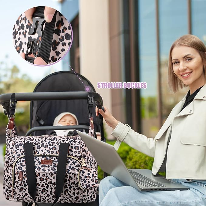 Tuwubi Diaper Bag Tote,Baby Diaper Bag with Pacifier Case Large Travel Diaper Tote Caddy for Mom and Dad Multifunction Large Baby Bag - Leopard Print