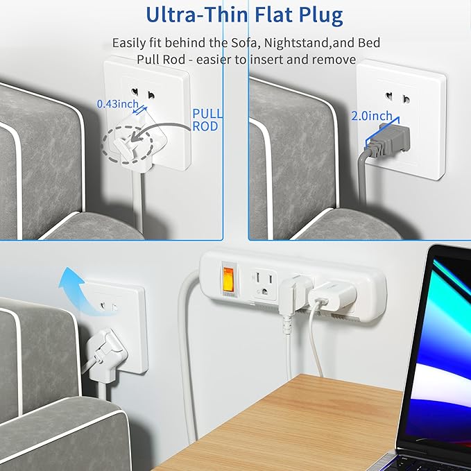 Flat Plug Power Strip Surge Protector 3 Outlets, Extension Cord 3 ft 3 Prong, 300J, 10A/1250W, Overload Protection Switch, Plug Strip for Home Office, Child Safety Slide Outlet Covers, SGS Approved