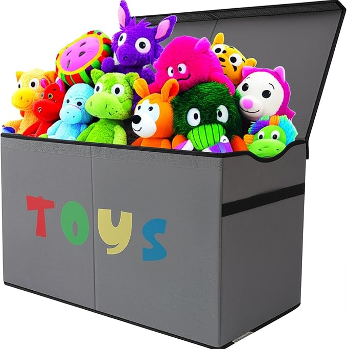 YOLOXO Toy Box Chest, Collapsible Sturdy Storage Bins with Lids, Extra Large Kids Toy Storage Organizer Boxes Bins Baskets for Kids, Boys, Girls, Nursery Room, Playroom, Closet (A-TBX-GRAY-MULTI)