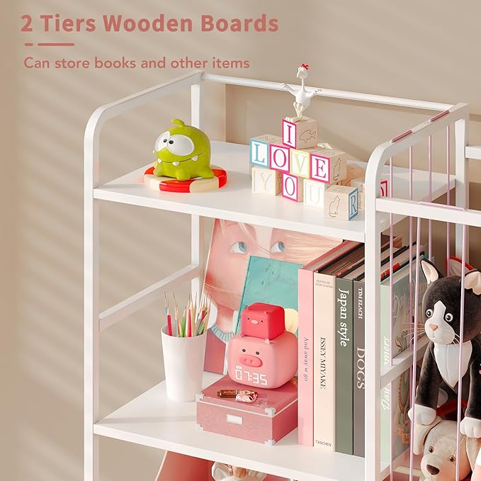 BBLIKE Kids Bookshelf and Toy Storage Organizer, Stuffed Animal Storage Holder with Fabric Toy Chest, 2-Tier Toddler Book Shelf for Kids Room, Playroom, Nursery, Pink