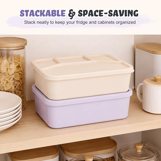 Ziliny 2 Pcs Silicone Bento Box Light Color Reusable Lunch Container Smooth Leak Proof Lunch Box Rectangle Bento Boxes for Adult Work Travel Food Meal Compartment Storage, 2 Colors