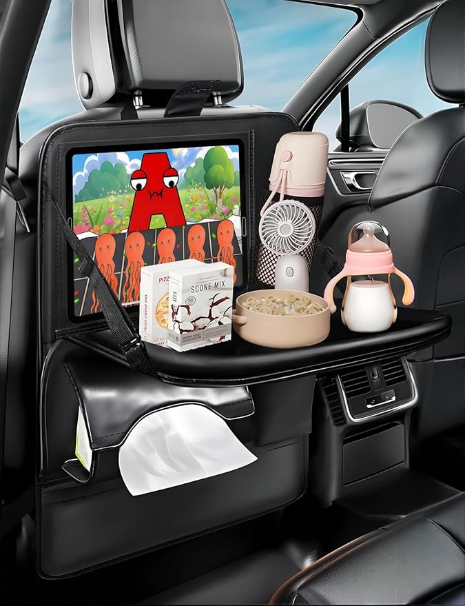 1-Pack Leather Car Backseat Organizer with Tablet Holder?“Foldable Food Tray,Storage Pockets,Trash Can,Tissue Holder & Insulated Bag?“Kick Mats Protector for Kids,Travel Accessories Organizer
