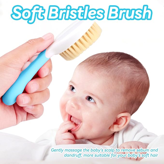 Baby Hair Brush and Comb Set, Soft Bristles Cradle Cap Brush for Newborns, Toddlers, Baby Registry Gift (Blue)