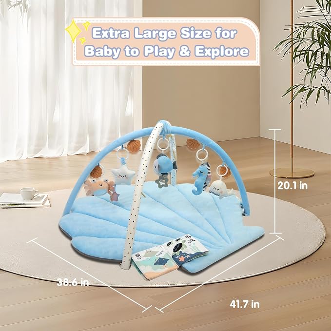 Baby Play Gym Mat, Oversize Tummy Time Activity Mat for Babies 0-6 Months, Shells Baby Play Mat with 6 Detachable Toys, Baby Essentials Mat for Floor Sensory Exploration Motor Skill Development (Blue)