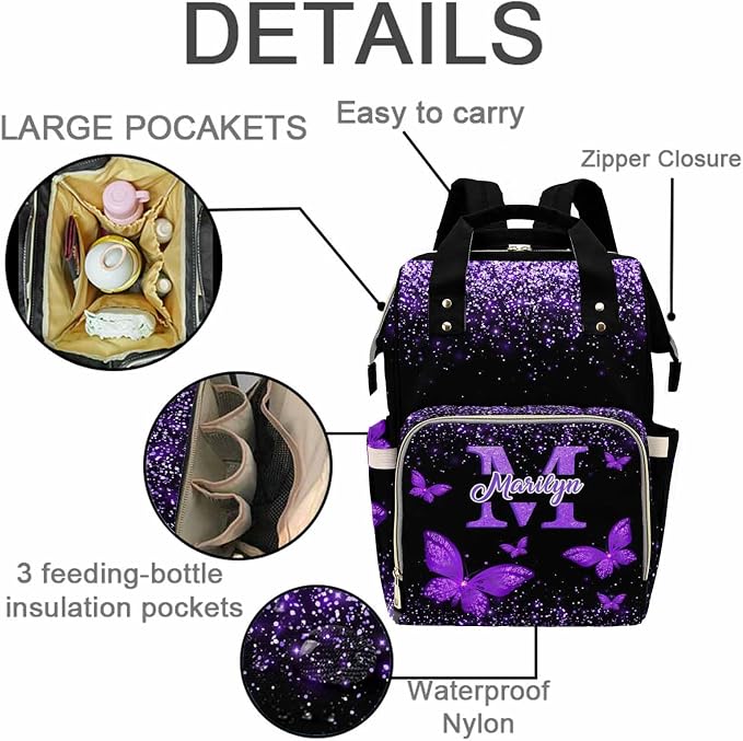 MyPupSocks Custom Diaper Bag with Butterfly Personalized Name Multifunctional Mommy Backpack for Daughter Granddaughter, Daypack Bag for Travel