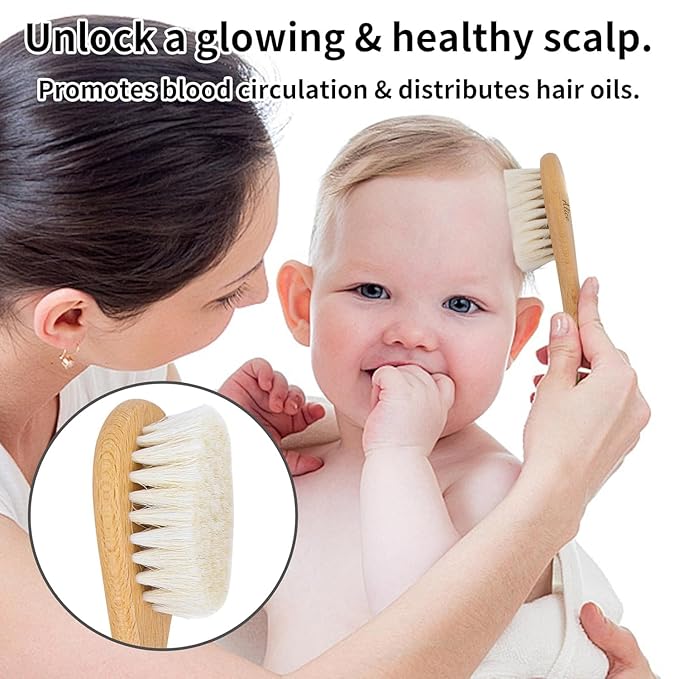 Personalized Wooden Hair Brush Set with Soft Goat Bristles for Babies and Toddlers - Cradle Cap Brush and Baby Registry Gift