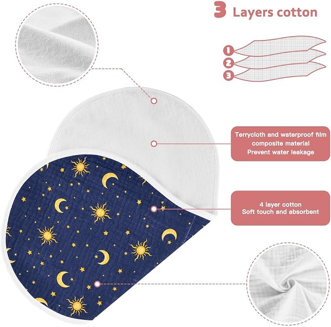 Muslin Baby Burp Cloths Set of 1, Soft Sun Moon Star Absorbent Muslin Washcloths, Bibs, Face Towel for Newborn Boys Girls, 22 x 11 Inch