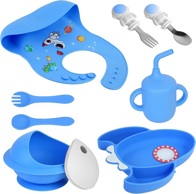 8 PCS Silicone Baby Feeding Set, Astronaut Theme, Spoons, Fork, Silicone Bibs, Baby Sippy Cups, Plate Bowl Set Baby Eating Essentials Led Weaning Toddler (Blue)