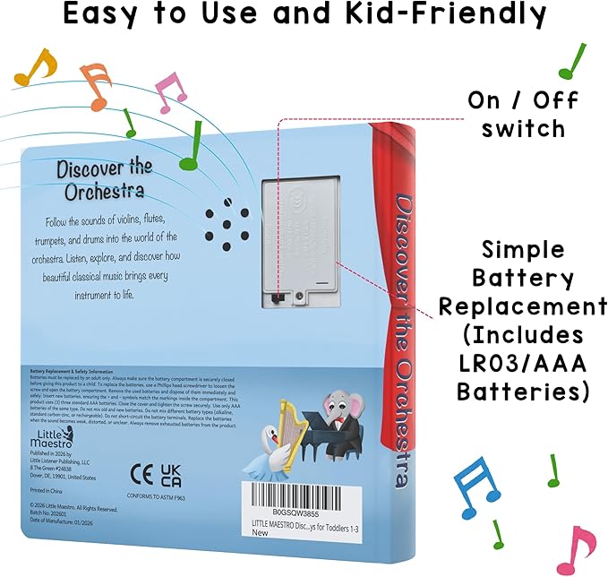 LITTLE MAESTRO Discover the Orchestra – 28 Instrument Sounds and Classical Pieces, Musical Books for Toddlers, 28-Button Music Book, Musical Toys for Toddlers 1-3