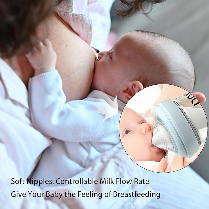 yanyoyo Natural Glass Baby Bottle for Breastfeeding Babies, 8oz Anti-Colic Baby Bottle with Natural Response Nipple(M), Clear, Wide Neck, 2 Pack, 3 Months+
