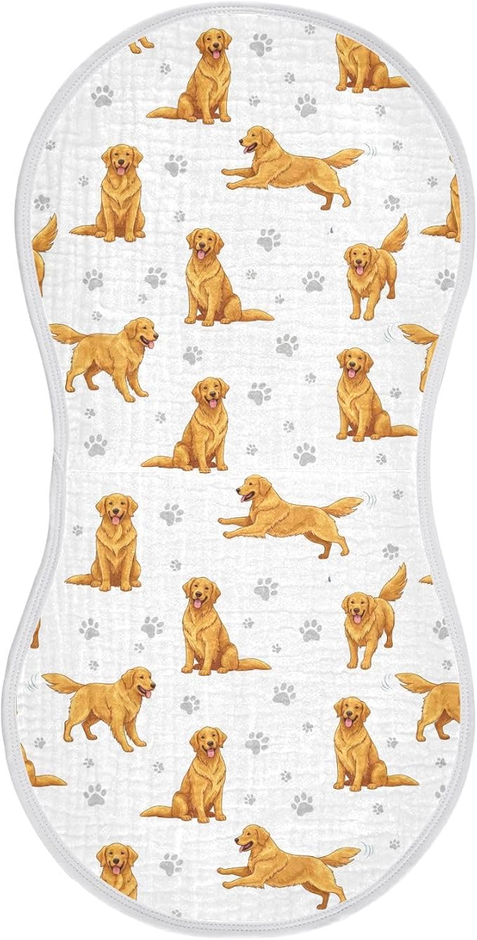 1 Pack Muslin Burp Cloths Golden Dogs Paw Prints White Cotton Baby Burp Cloths Absorbent Burping Cloth Soft Spit Up Rags for Newborn Boys Girls 22x11 Inch
