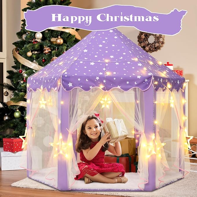 Purple Princess Tent for Girls, Kids Play Tent with LED Large Star Lights, Castle Playhouse Tent for Children Toddlers Indoor Outdoor Games, 55×53 Inches