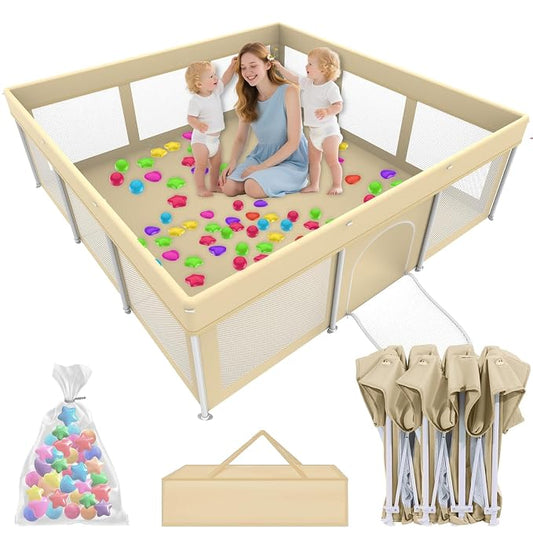 Foldable Large Baby Playpen 71"×71", Portable Playard for Babies & Toddlers, Lightweight Safety Baby Fence, No Installation, Indoor & Outdoor Playpen with 150 Ocean Balls, Beige