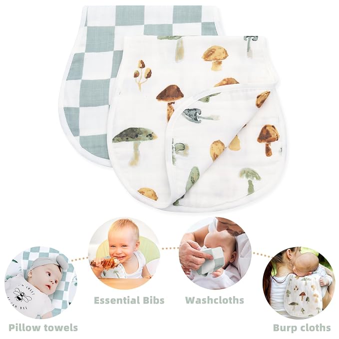 LifeTree Muslin Baby Burp Cloths - 2 Pack 70% Viscose from Bamboo and 30% Cotton Large 22'' by 10.6'' Absorbent Milk Spit Up Rags - Burping Cloths for Newborn, Girls Boys, Mushroom and Green Checkered