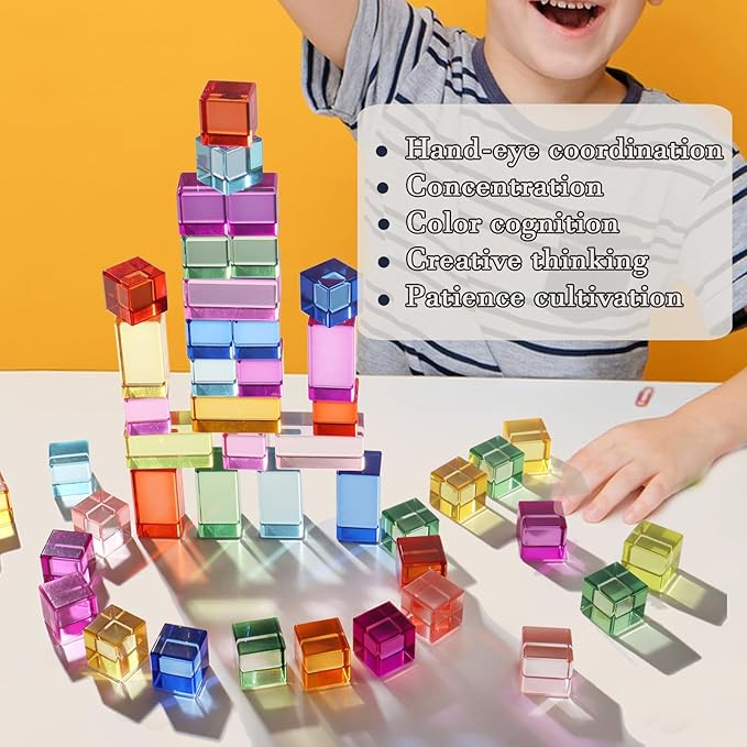 Dinhon 10 Pcs 10 Unique Colors Elongated Acrylic Blocks - 2.5x2.5x5CM Rainbow Gem Rectangular Cubes, Sensory Stacking Toy for Toddlers 1-5, Birthday Gift for Kids