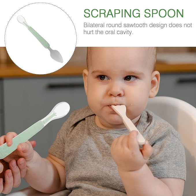 1pcs Double Head Baby Spoon,Silicone Baby Fruit Scraping Mud Spoon Feeding Spoons Training Spoon Set for Infants Baby,Green
