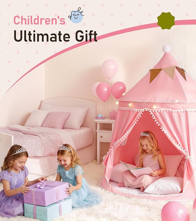 Kids Play Tent, Large Princess Tent, Kids Castle Play Tents with Carry Bag, Indoor Outdoor Game Playhouse, Portable Children Yurt Tents, Birthday Gift for Girls, 47''x45'', Pink