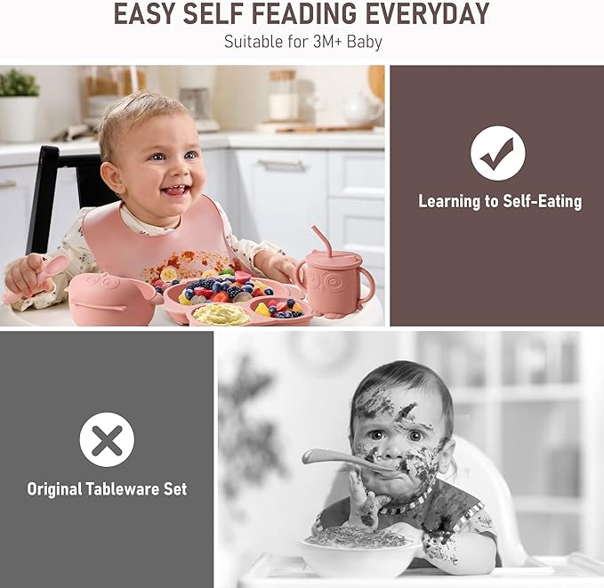 Baby Weaning Set - Silicone Toddler Feeding Set (10 Pcs) with Adjustable Bib, Suction Bowl, Plate, Fork, Spoon, Water & Snack Cup Kit - Baby Led Weaning Kit