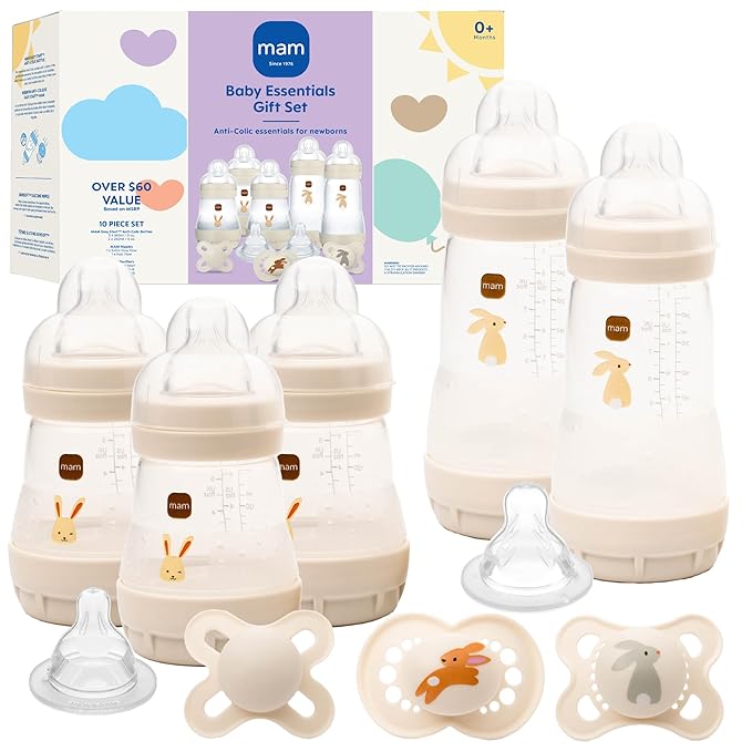 MAM Easy Start Anti-Colic Baby Bottle & Pacifier Set, 5 Self Sterilizing Bottles (3X 5oz, 2X 9oz) & 3 Original Pacifiers 0??6 Months + Extra Nipples, Newborn Feeding Gift Set