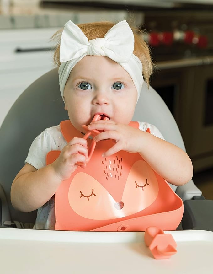 Tiny Twinkle Roll-Up Silicone Bib - Soft, Durable, Easy Clean Waterproof Silicone Bibs With Food Catcher (Coral, Infant)