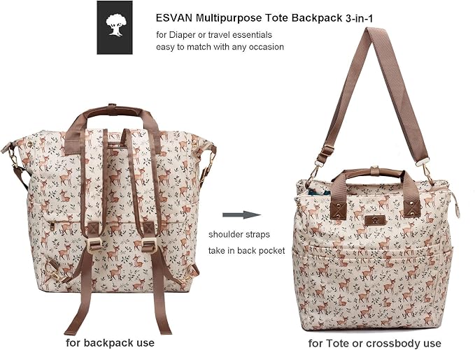 ESVAN Diaper Tote Bag Totepack Backpack Crossbody Bag 3 in 1 for Women Laptop Backpack Multifunctional with Insulated Pockets