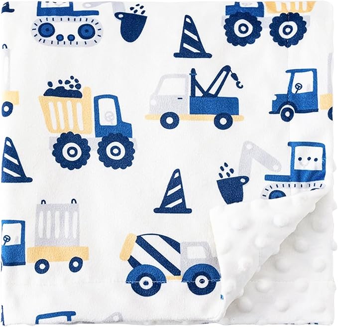 Construction Truck Minky Baby Blanket for Boys, 29.5'' x 39.3'' Soft Plush Receiving Blanket with Double Layer Dotted Backing for Newborn Nursery Crib Shower Gift